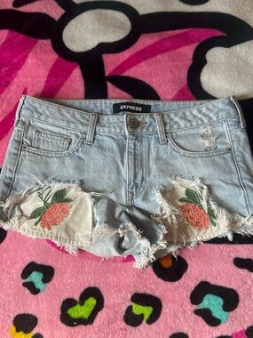 Express Light Blue Denim Shorts with Peach Floral Embroidery